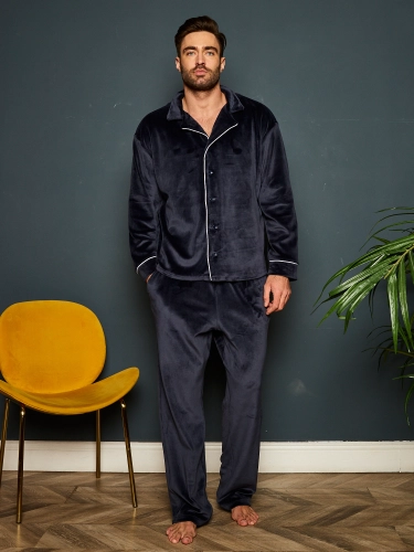 Пижама мужская из велюра с брюками и рубашкой Синяя