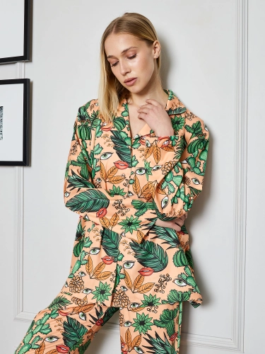 Пижама женская c брюками и рубашкой с принтом Кактус